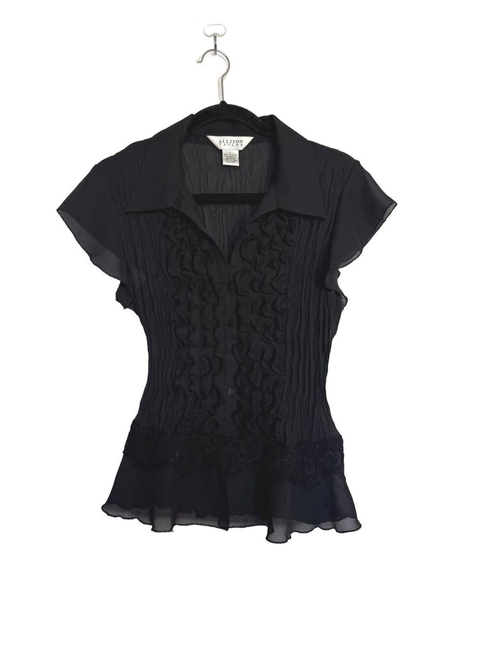 Y2K Black Ruffled Button-Up Blouse with Lace Trim